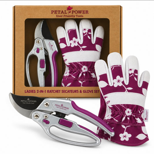 Ladies Gardening Glove & Ratchet Pruner Secateurs (Great for weaker hands) Set