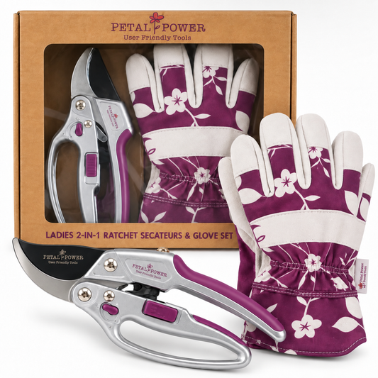Ladies Gardening Glove & Ratchet Pruner Secateurs (Great for weaker hands) Set